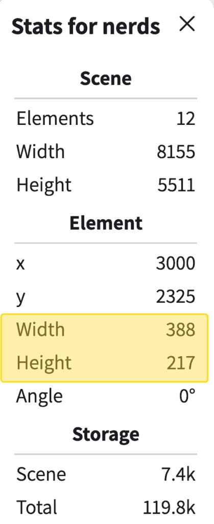 Stas for nerds feature in Excalidraw shows you properties of the document and objects.