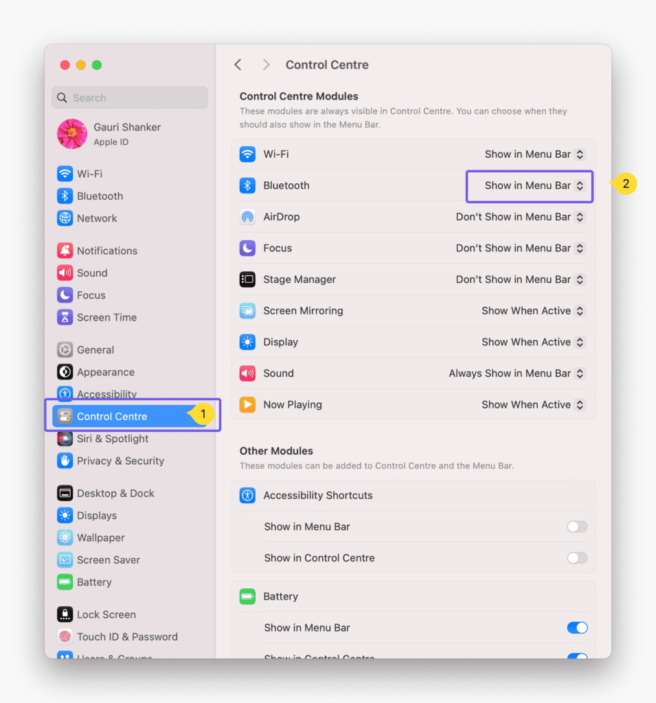 To show the bluetooth icon in the menu bar on Mac, you have to go to control center in system settings and then in the bluetooth setting to the right, toggle the dropdown to "Show in Menu Bar".