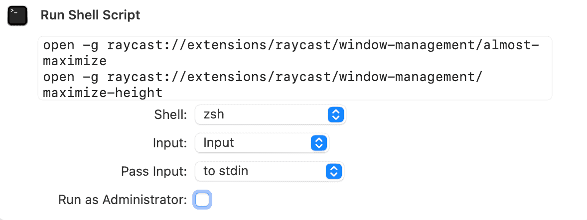 how to chain multiple raycast commands through Shell script on the shortcuts app