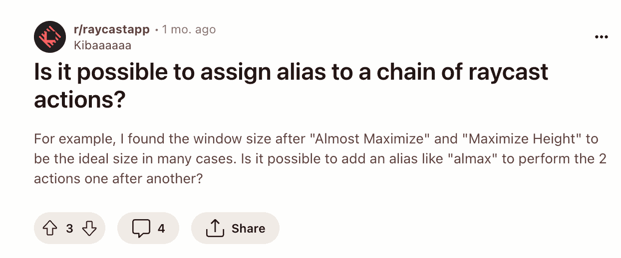 Reddit post on Is is possible to chain multiple Raycast commands and assign them an alias?