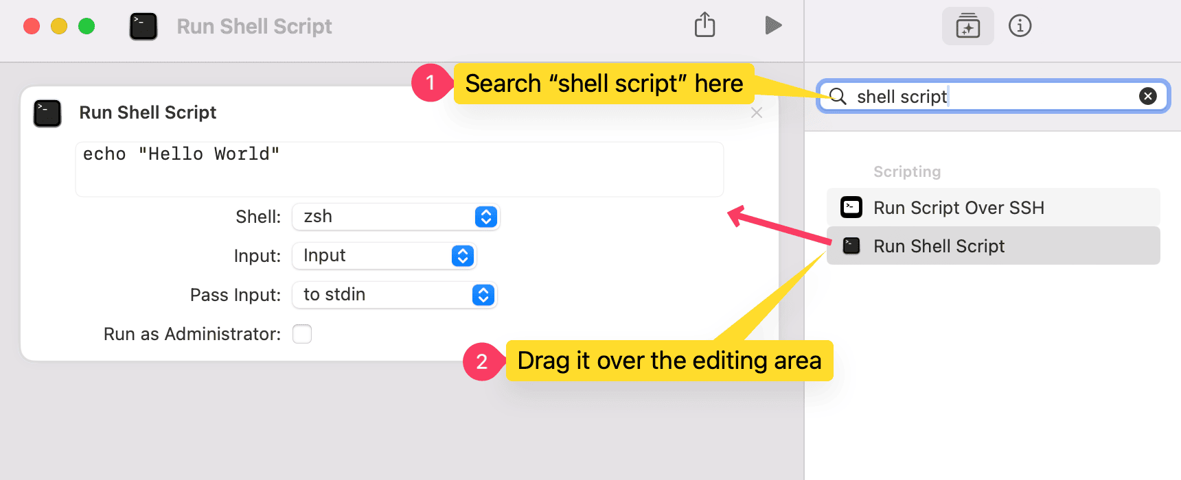 How to create a shortcut for a shell script through the Shortcuts.app on Mac