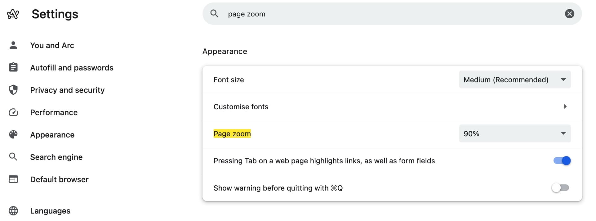 How to set the page zoom level on the Chrome browser.
