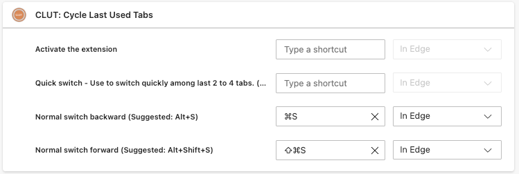 Cycle last used tabs chrome extension shortcuts page. You can't assign Command+Tab for this. Your shortcut must have a number or letter in it.